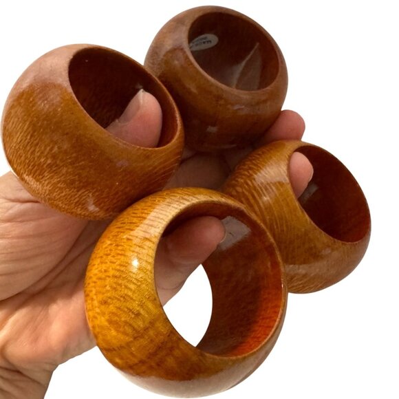 Set Of 4 Vintage MCM Boho Brown Wooden Napkin Rings Made In India - Picture 3 of 9